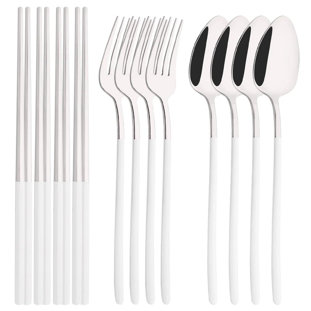Silver Stainless Steel Flatware Cutlery Set Sushi Sticks Dinner Set 12Pcs Dinnerware Korean Chopsticks Fork Spoon Dinnerware