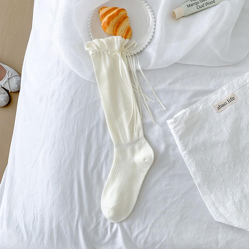 Female Summer Thin Heel Ribbon Bow Mesh Breathable Sweet Flower Bracts Calf Pile Socks