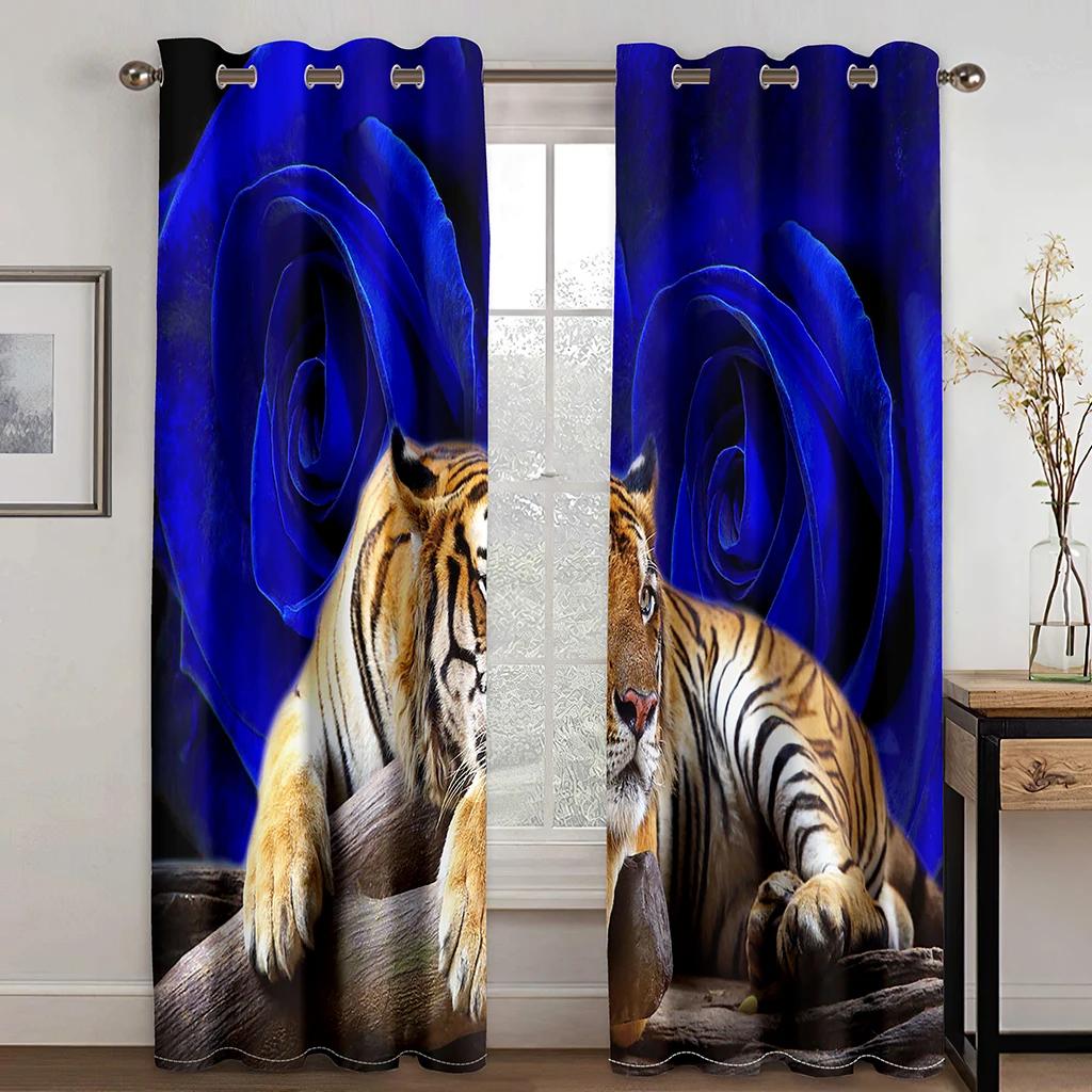 Blue Wolfs Animals Rose Leopard Two Drape Thick Window Curtains for Living Room Bedroom Decor Tiger Pattern High Shading Drape