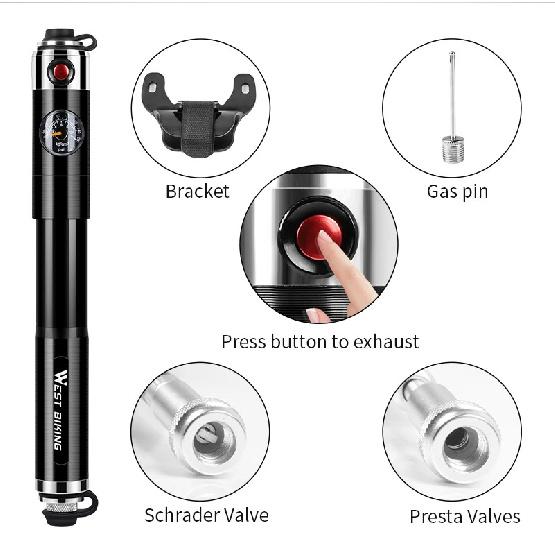 WEST BIKING Bike Inflated Pump High Pressure 160PSI Aluminum Bicycle Air Pump Presta Schrader Valve Bike Tire Pump With Hose