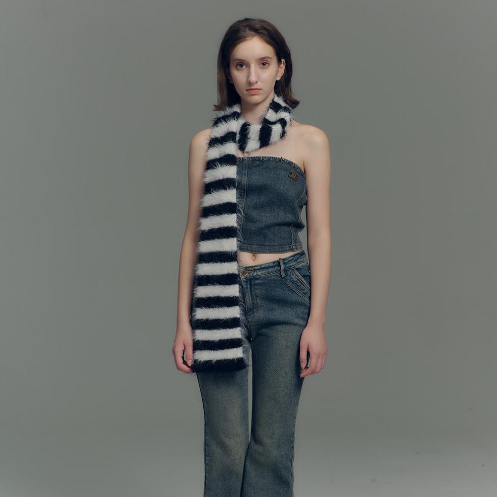 Long Haired Woven Black and White Striped Knitted Scarf for Women Neck Choker Winter Warm Narrow and Long Scarf