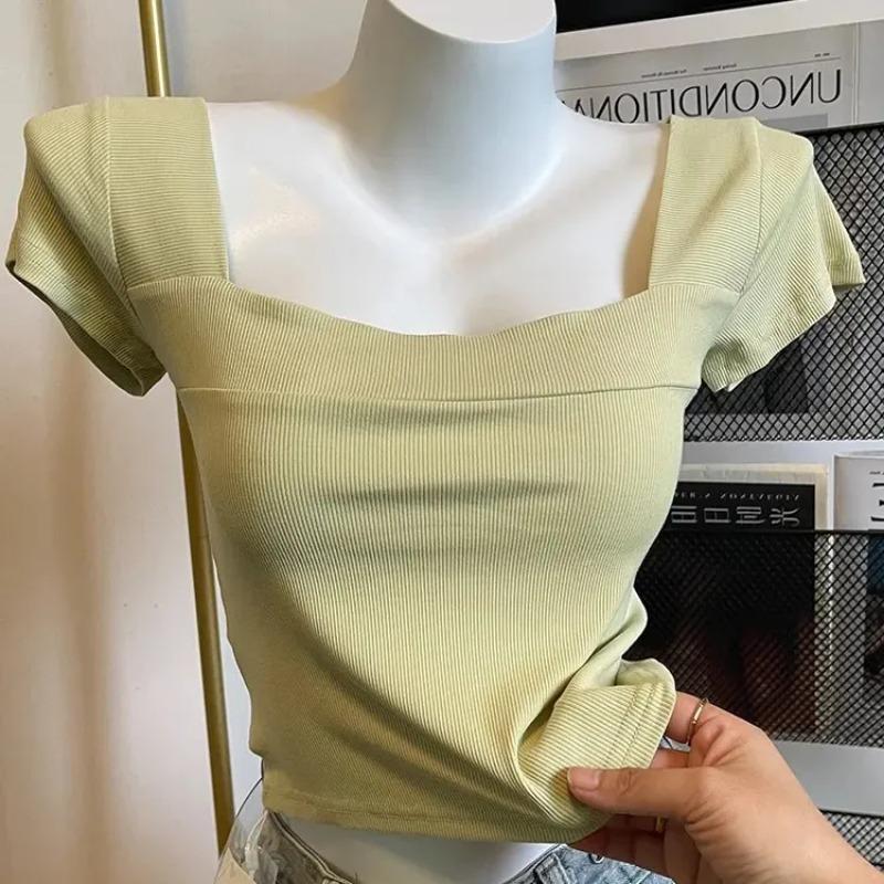 Women's Elegant Square Neck Ribbed Short Sleeve Cropped Blouse
