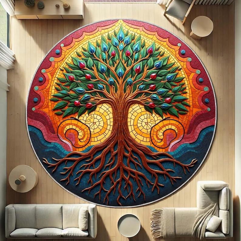 

Tree of Life Round Rug, Boho Spiritual Yoga Mat with Sacred Symbols, Non-Slip Meditation Carpet for Mindful Home Decor Gift Diameter 100cm