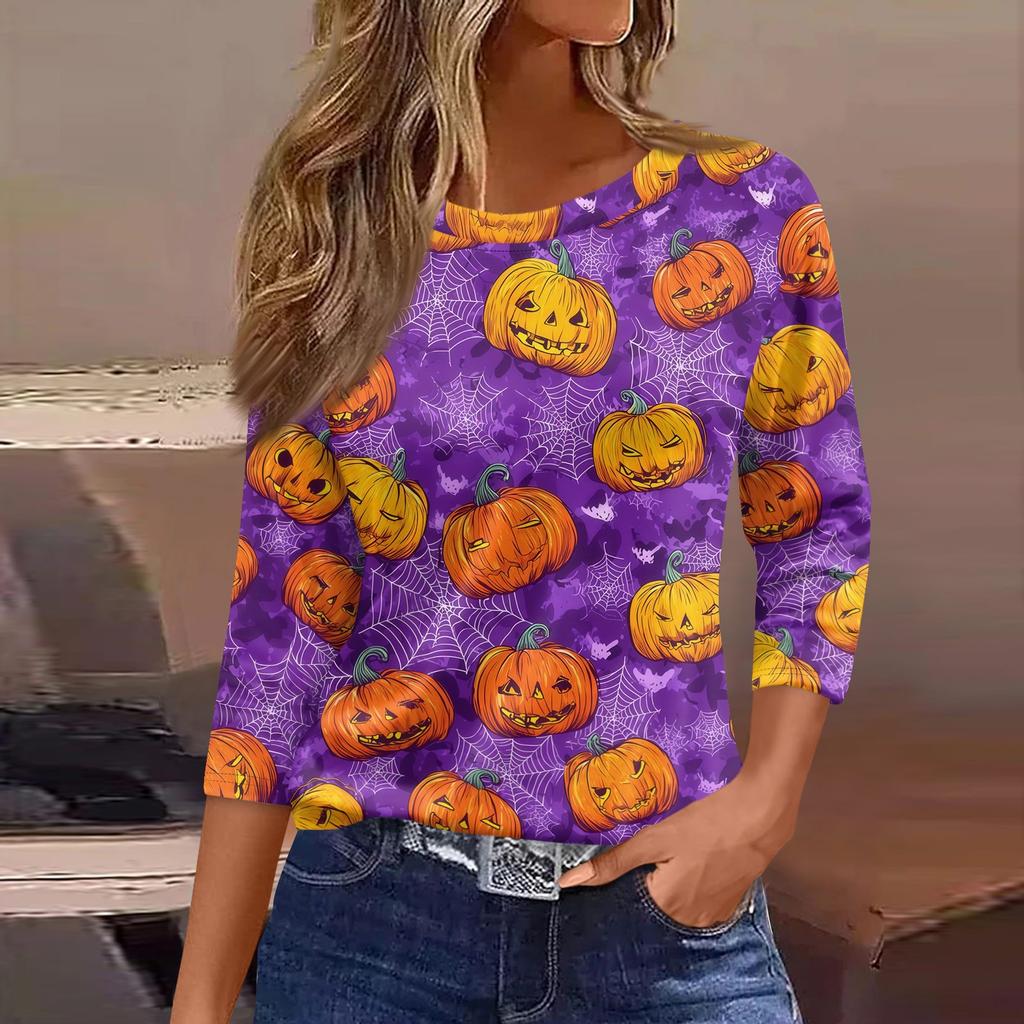 Women's Loose Fit Casual Halloween Print T-Shirt 3/4 Sleeve Round Neck Relaxed Fit Top for Everyday Wear