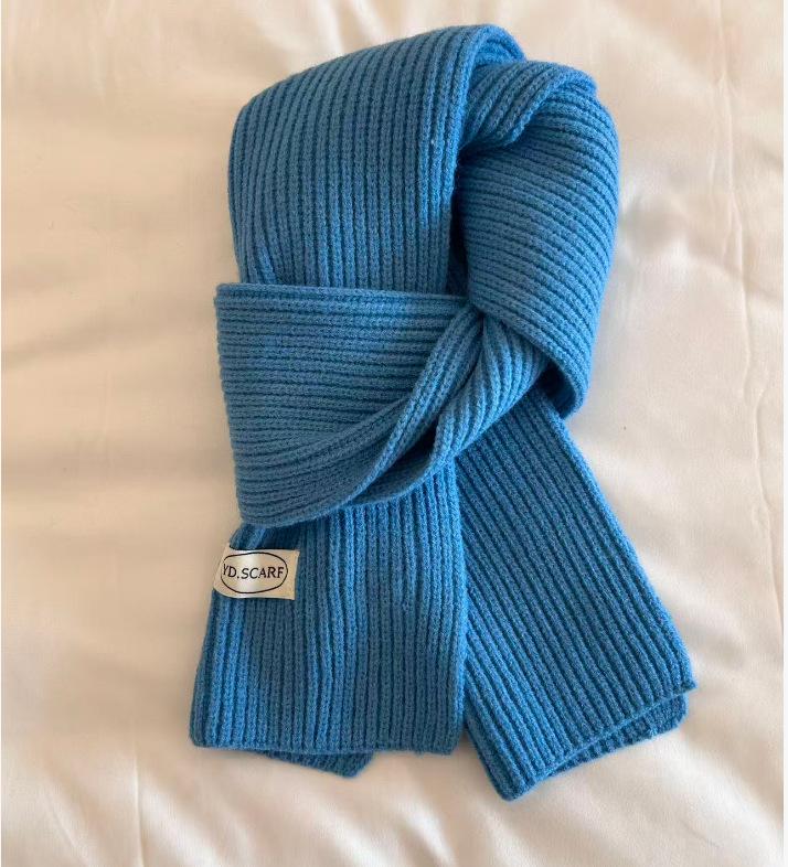 Korean ins simple solid color wool knitted scarf women's winter blue warm couple student neck scarf