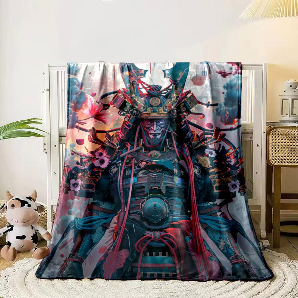Detailed samurai armor adorned with floral motifs and vibrant elements. for all seasons blanket lunch break throw gift