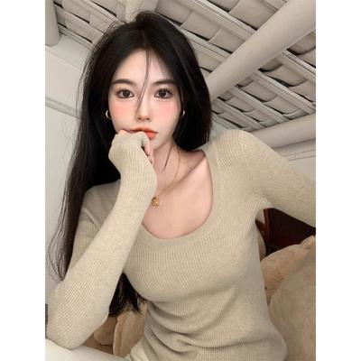 Neck Pit Strip Knitted Bottoming Shirt Women's Spring Slim-fitting Front Shoulder Inner Top Autumn and Winter Soft Waxy Sweater