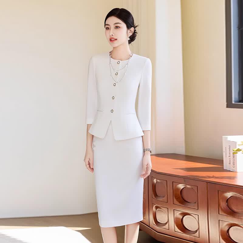 Women's White Seven-Sleeve Business Skirt Suit