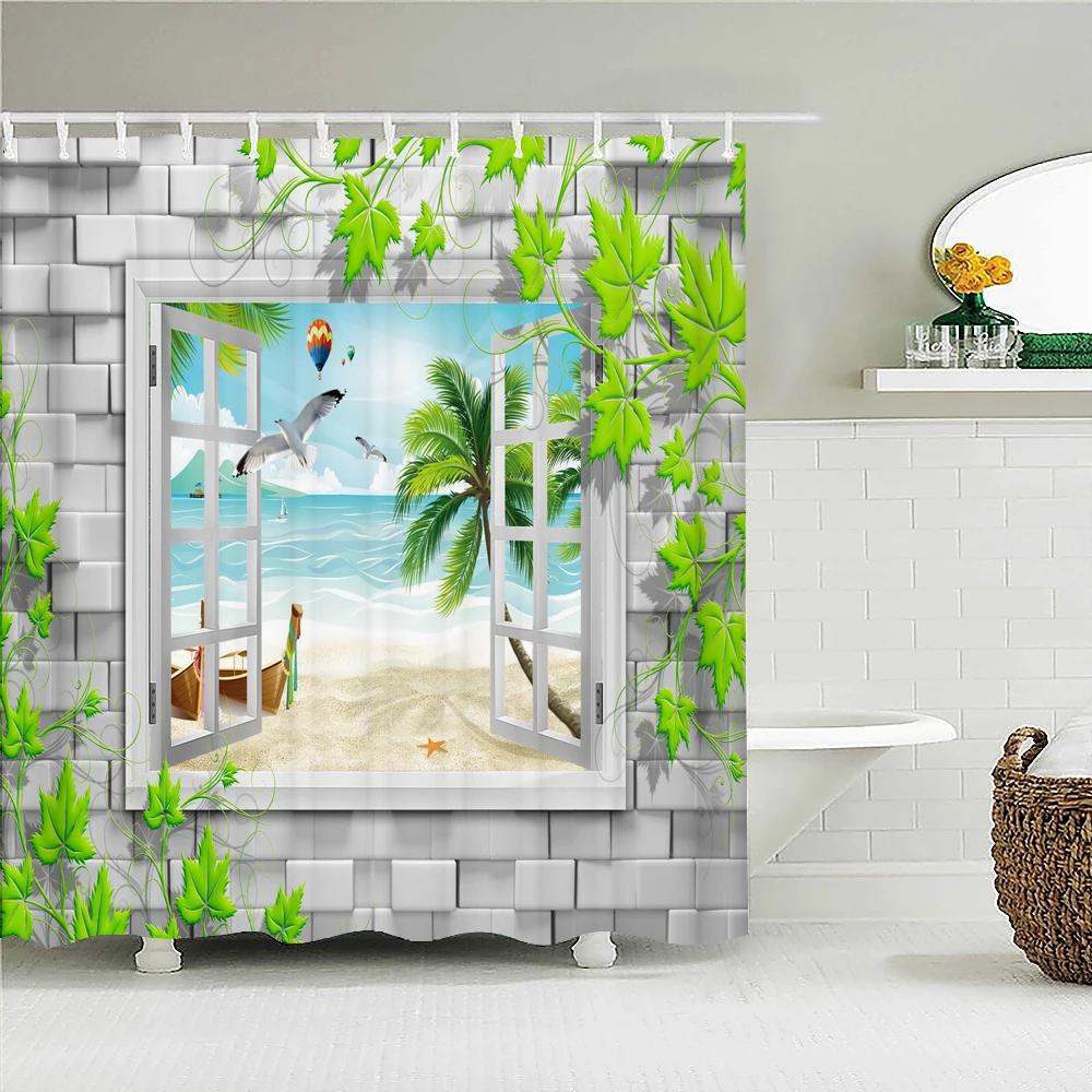 3D Waterproof Fabric Polyester Shower Curtains landscape Outside the Window Bathroom Curtains With Hooks Bathtub Decor Screen