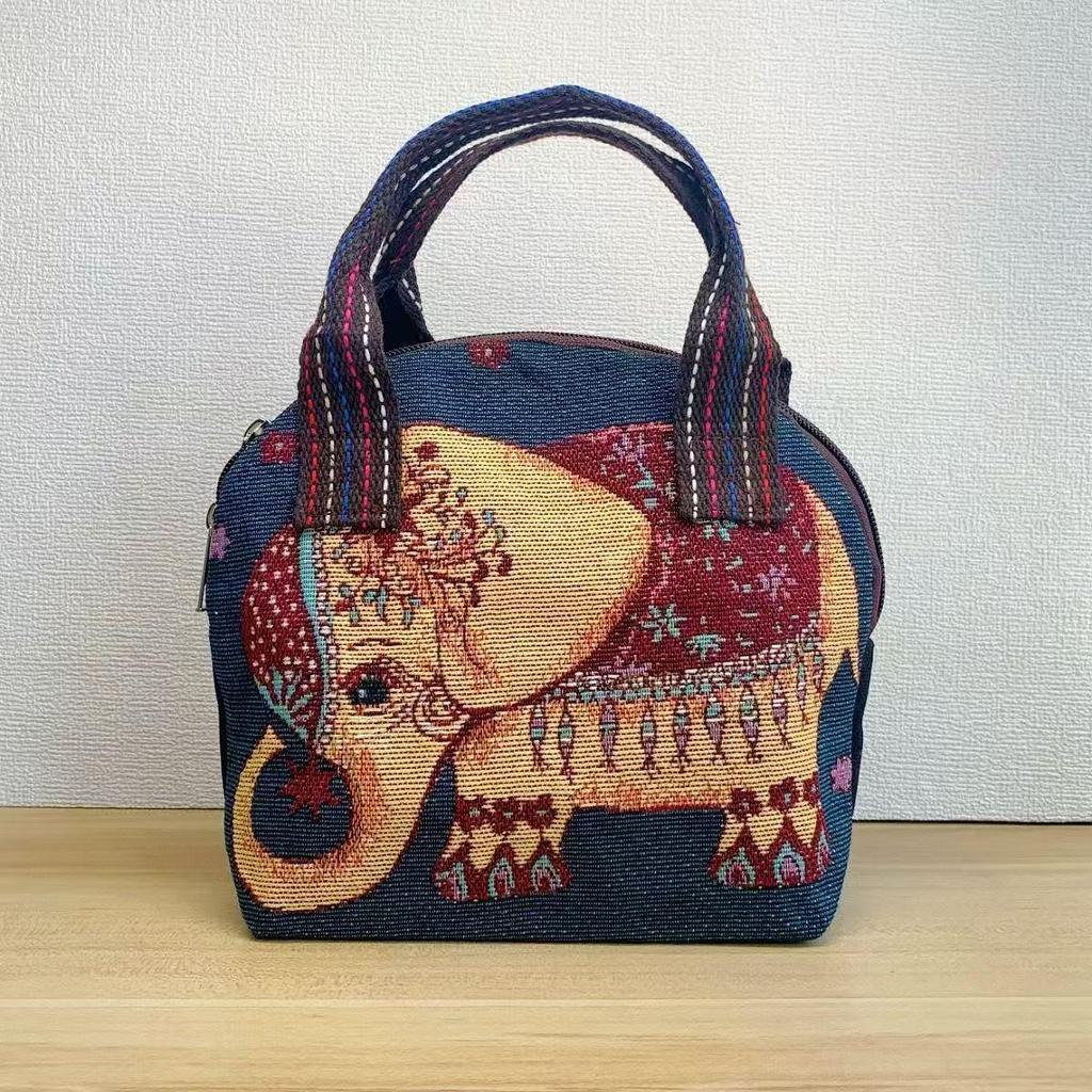 Embroidered Ethnic Canvas Handbag for Women: Shell-Shaped Purse with Jacquard Design