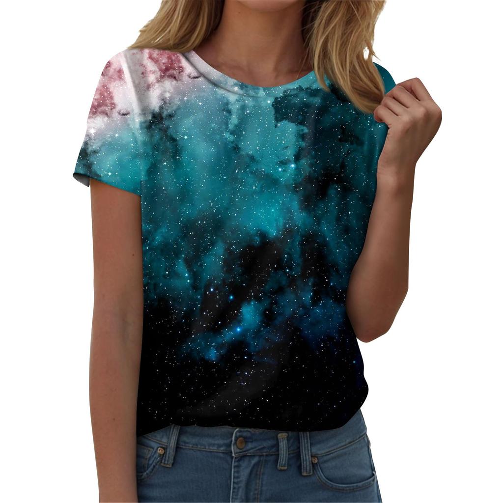 Women's Fashion Sky Print Fashionable Versatile Slim Fit Short Sleeve T-shirt Top