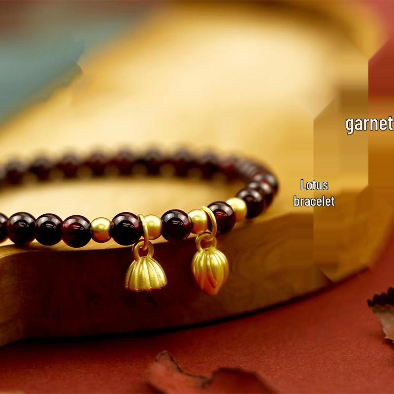 Festive Red Garnet Lotus Bracelet with Lotus Seed Pod Pendant