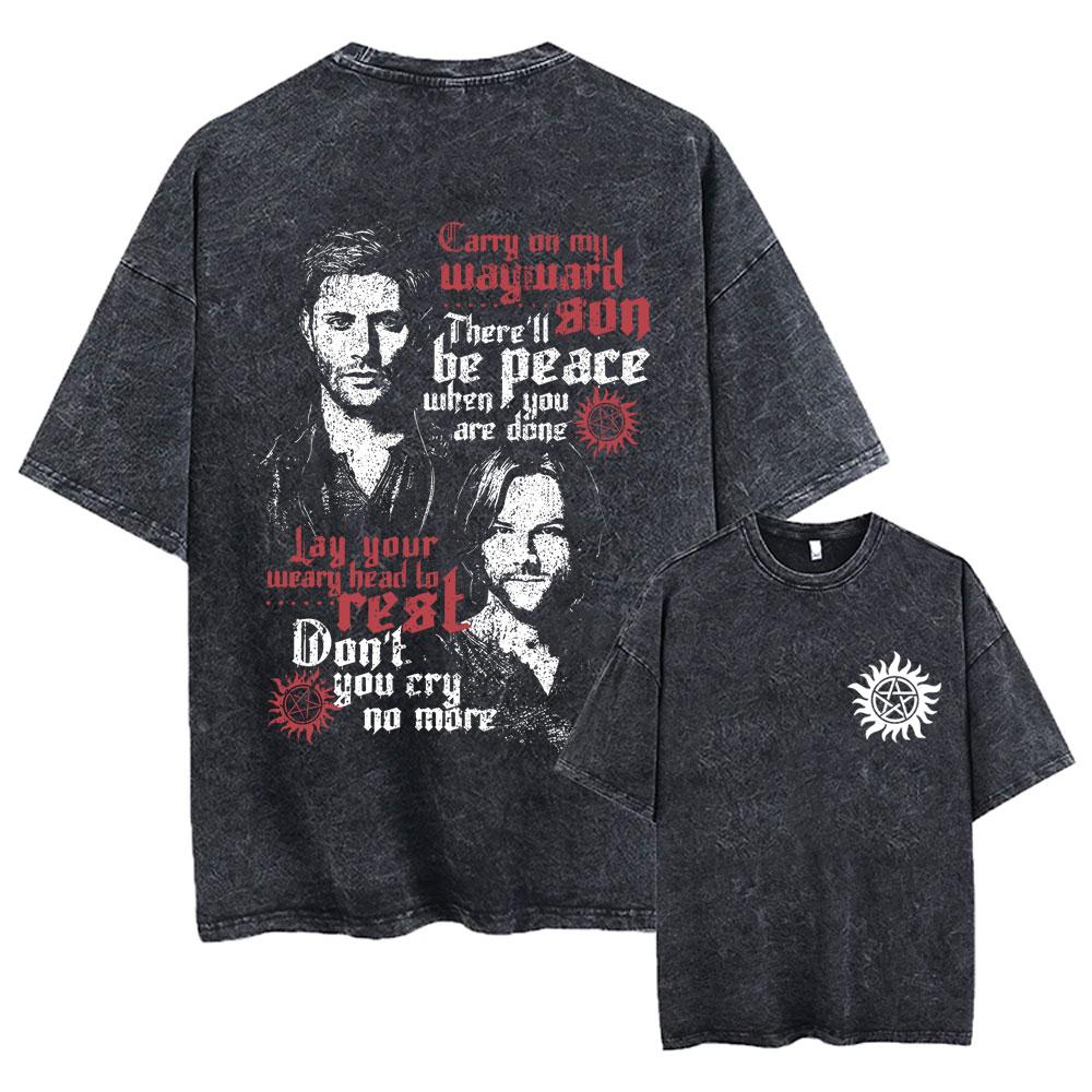 Hot Sale Supernatural Vintage Washed T-shirt Men Women Casual Retro Cotton T Shirts Unisex Casual Oversized T-shirts Streetwear