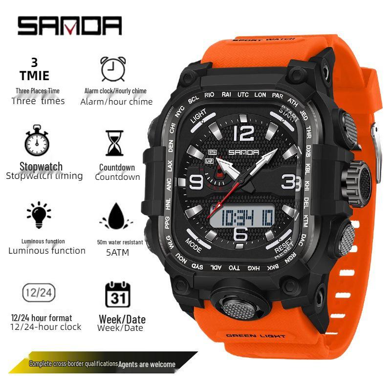 Sanda Men's Trendy Waterproof Multi-Functional Electronic Watches with Three-Time Zones for Casual Use