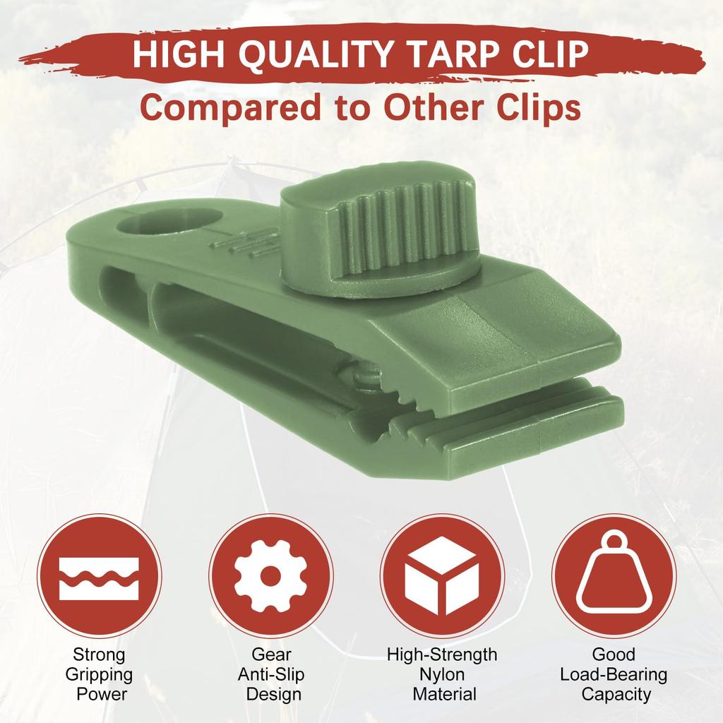 TIXIPEM Tarp Clips Heavy Duty Rock Clips [15pcs] - For Use with Camping Tarps, Awnings, Covers, Pool Covers, Boat Covers, Etc. - [Army Green - 3.3 Inc