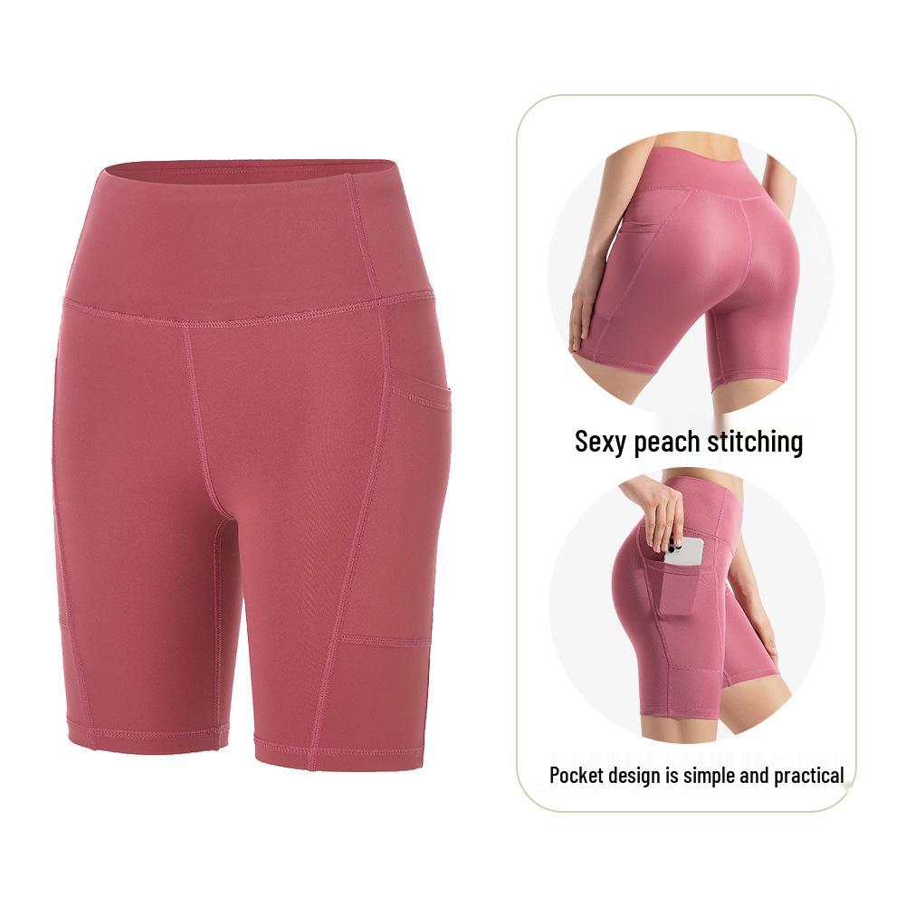 Women's Quick Dry High Waist Yoga Shorts with Side Pocket in Peach