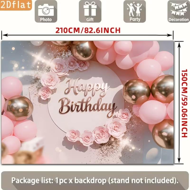 D Pink Floral Rose Gold Birthday Backdrop Glitter Balloon Themed Party Photography Background