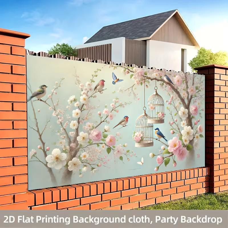 2D Printed Spring Cherry Blossom Tree Backdrop, Cute Birds & Vintage Bird Cage Photo Background for Birthday Party