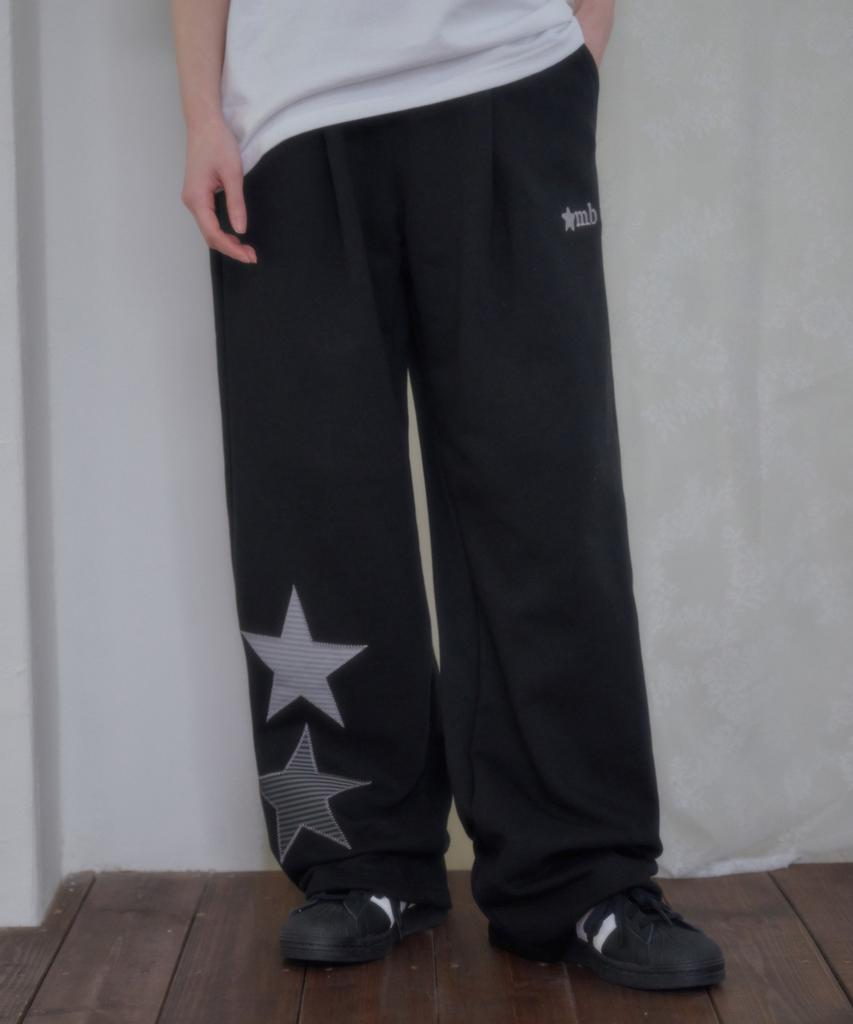 AMBLER Starlight Applique Embroidered Pintuck 2-Way Wide Training Sweatpants Ap1001 (Black)