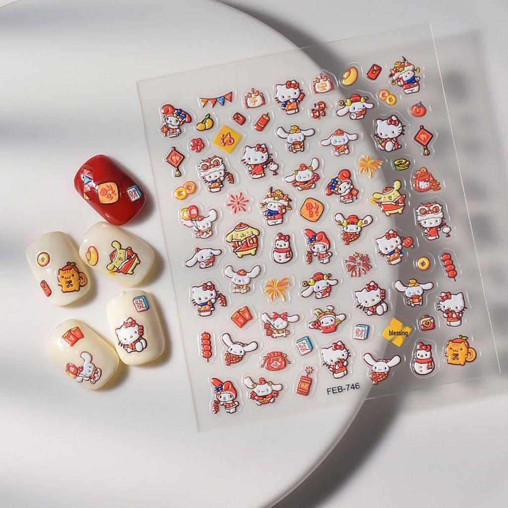 Neues Jahr 3D Hello Kitty & Melody Nagelsticker mit Feuerwerksdesign