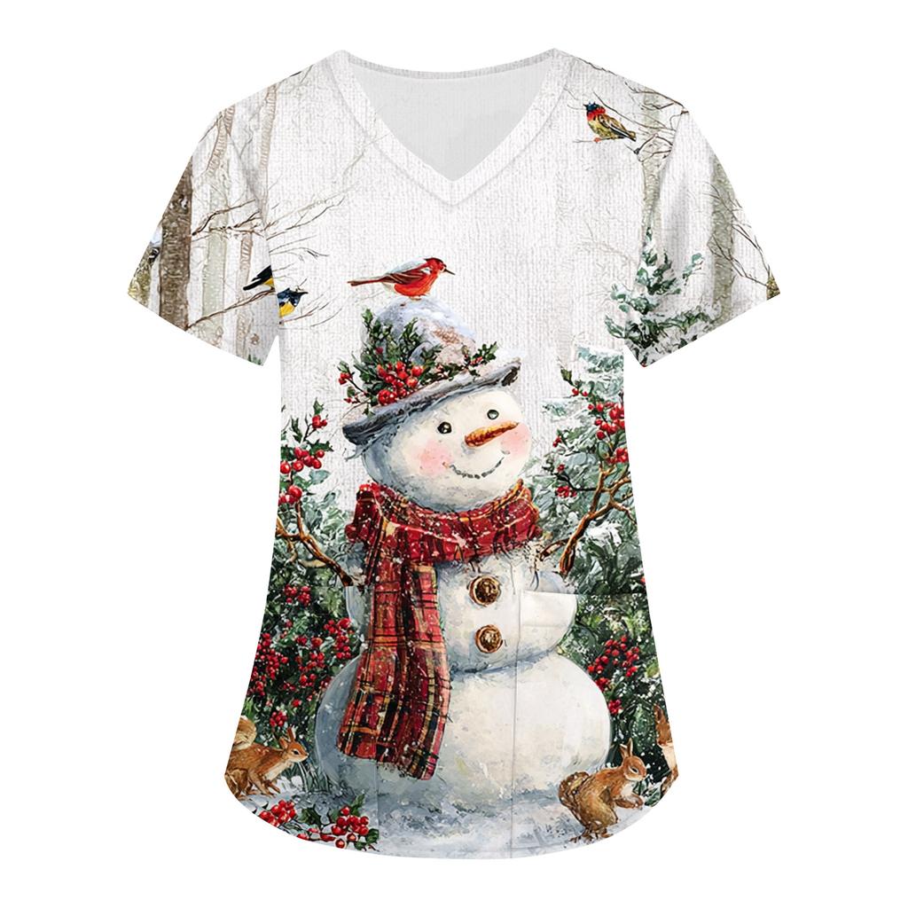 Dámský vánoční potisk volný výstřih do V kapsa krátký rukáv uniforma