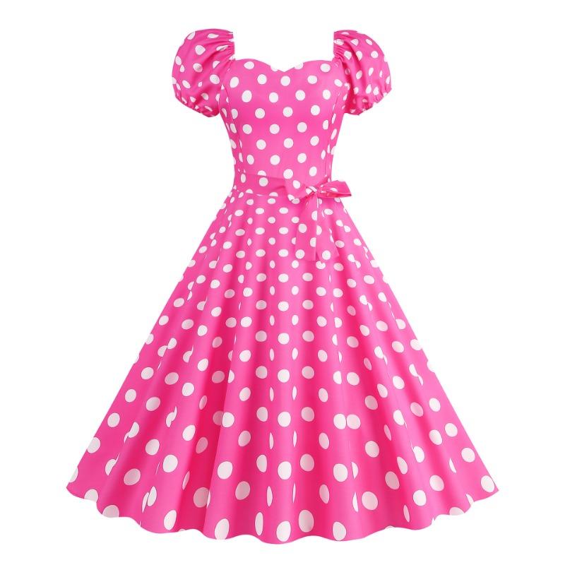 

Hot Sale, Summer Sexy Bubble Sleeve Lace-Up Waist Checkered Polka Dot Printed Dress XXL