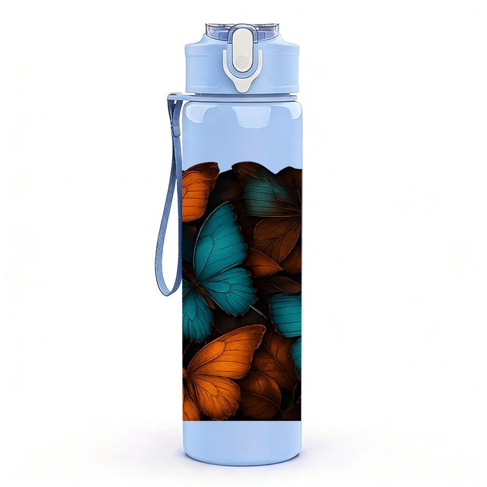 1PC Orange Teal Butterfly Mosaic Art Print 750ml Color Plastic Sports Water Bottle Leakproof Flip Straw Lid Suitable for Sports Office Home Use
