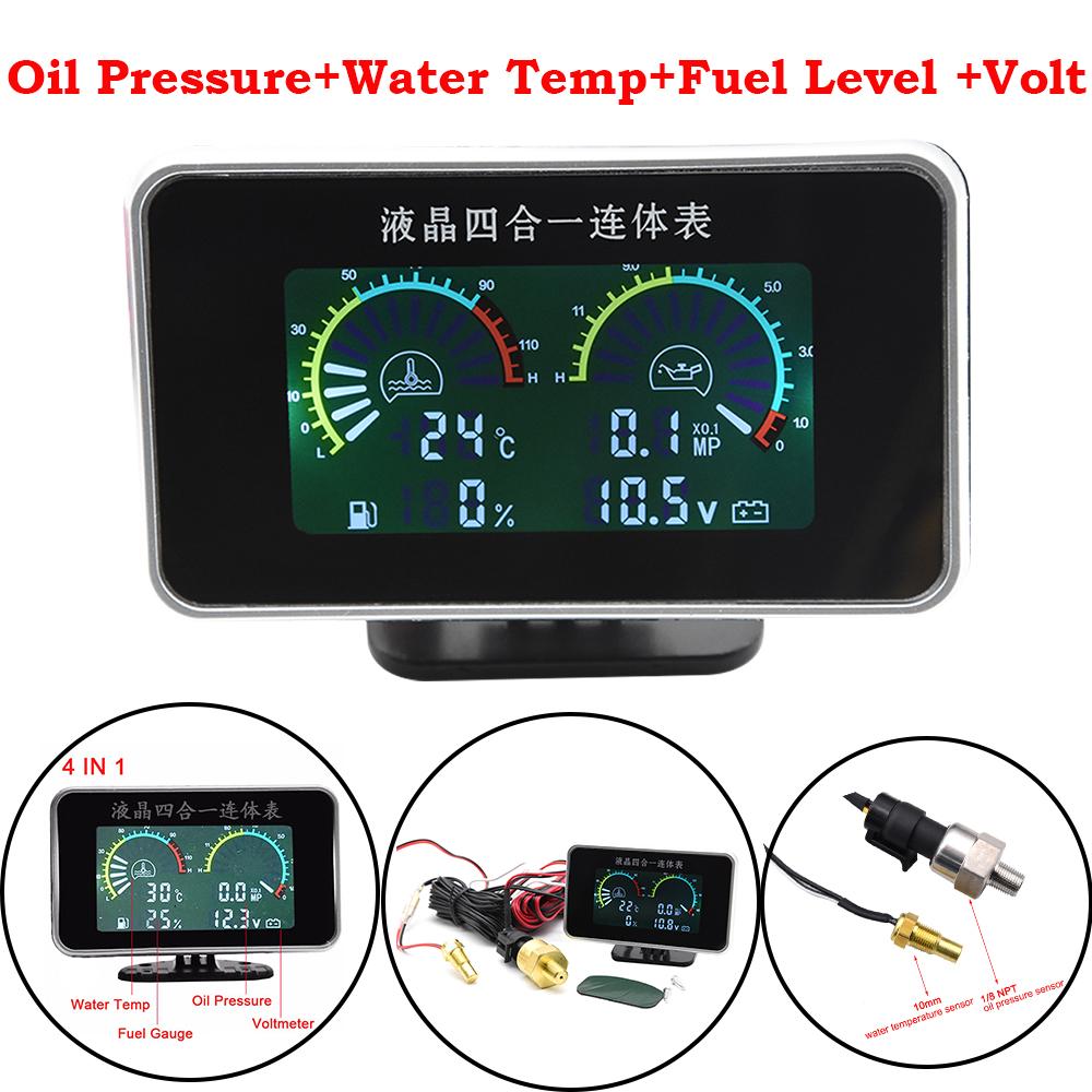 2 In 1 / 3 In 1 / 4 In 1 LCD Digital Oil Pressure Gauge Voltmeter Fuel Level Meter 1/8 NPT Oil Press Sensor + Water Temp Sensor