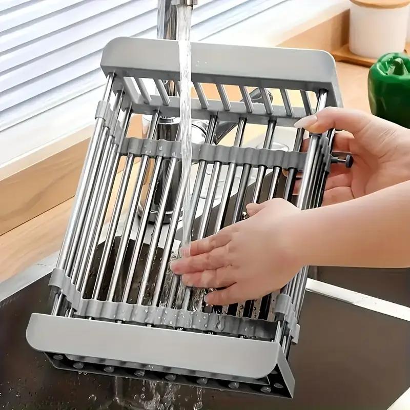 Adjustable 304 Stainless Steel Sink Drain Basket Drain Drying Rack Multifunctional Storage Rack for Kitchen Dish Vegetable Fruit