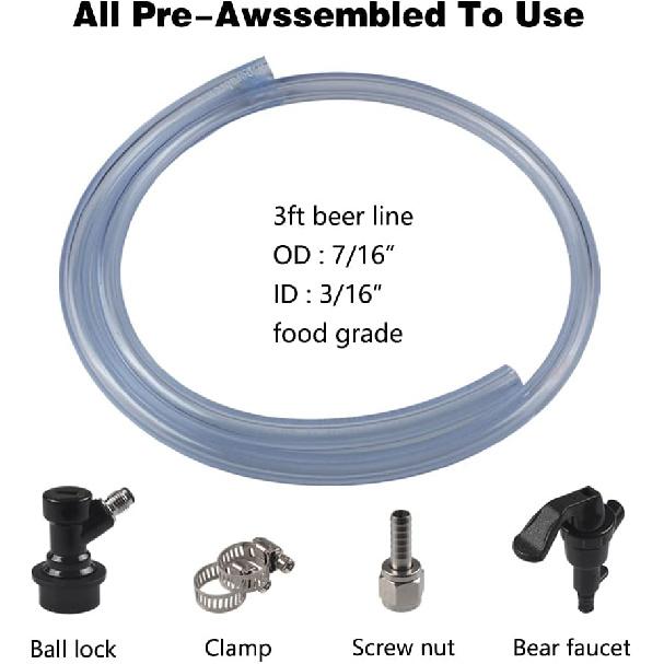 PERA 3/16  ball lock line assembly, picnic tap with 3ft beer line for home brewing