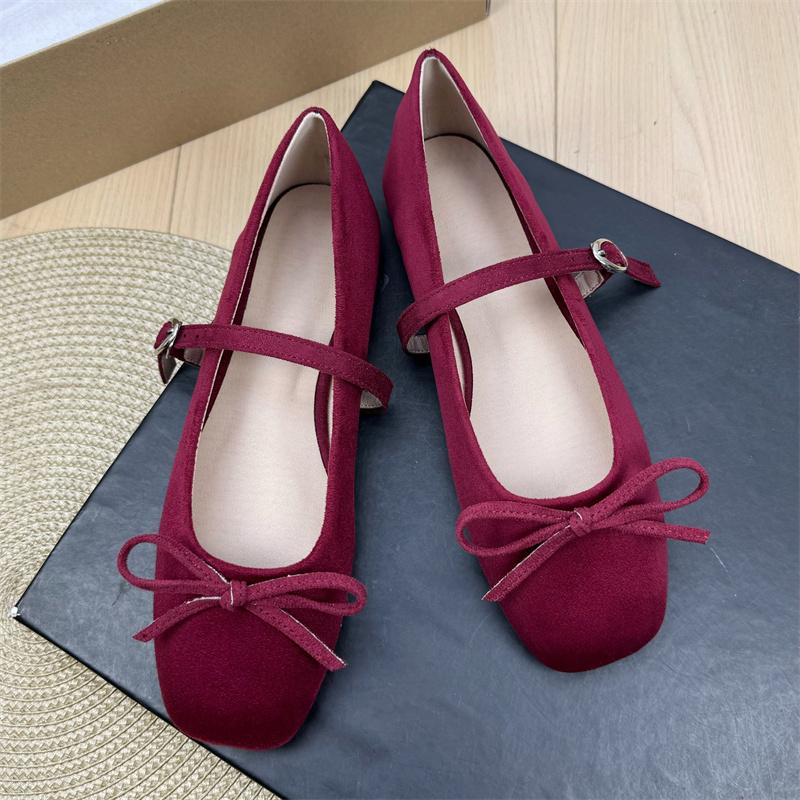 Fashion Flat Shoes for Women Suede Square Toe 2025 Spring and Autumn New Bow Flat Bottom Mary Jane Shoes Plus Size Women's Shoes 43 44