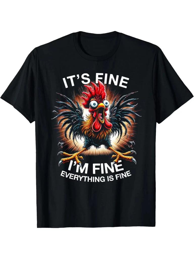 T-shirt Graphique Homme Drôle "Ça va, je vais bien" Poulet Fou - Coton Noir Ca