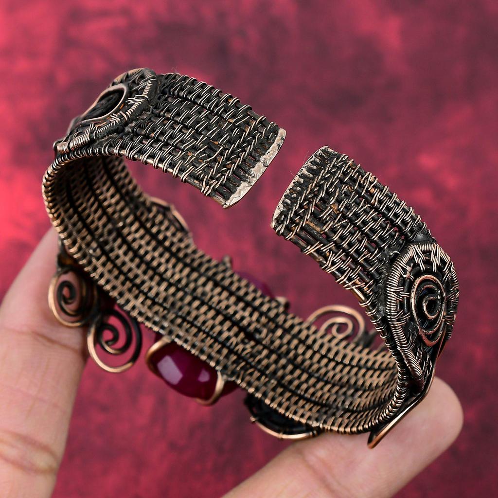 Faceted Kashmir Ruby Bangle Rainbow Moonstone Cuff Bracelet Copper Wire Wrapped Adjustable Bangle Handmade Copper Jewelry Gemstone Bracelet