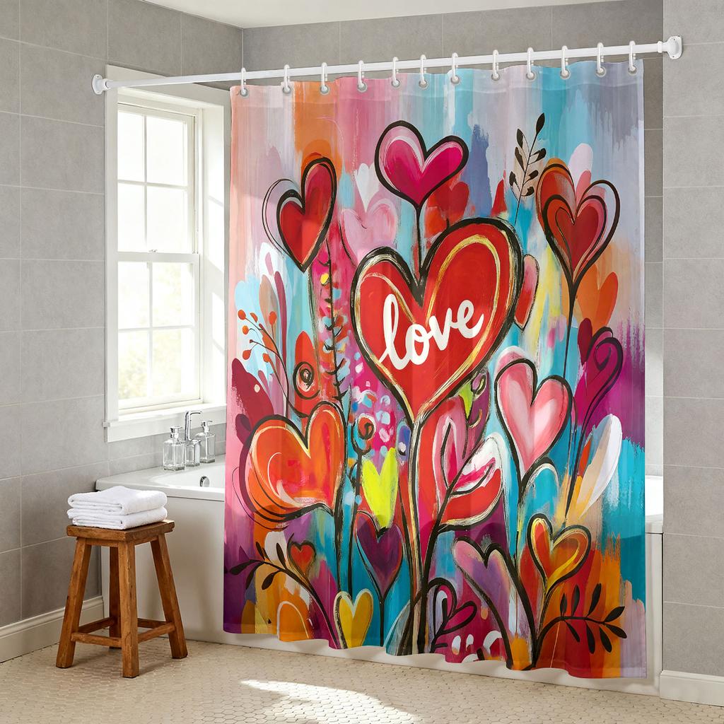 1pc Valentine's Day Romantic Love Printed Waterproof Privacy Shower Curtain with 12 Hooks Multiple Sizes Easy To Install
