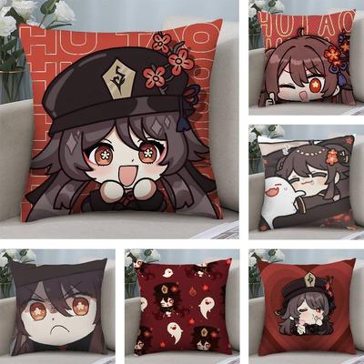 Kawaii G-Genshin Hu Tao Pillow Case Short Plush Double-sided Print Square Throw Pillow Covers Sofa Home Cushion Decor
