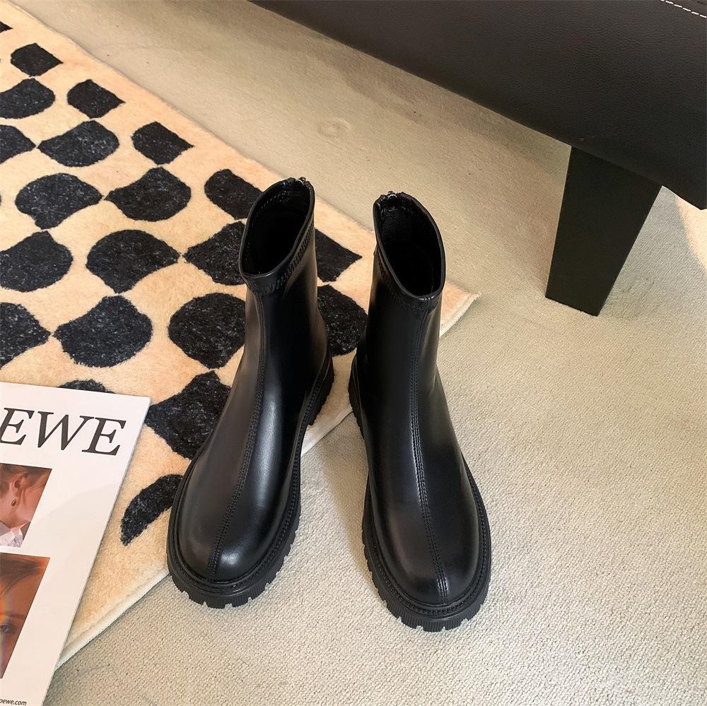 Leather Short Boots Women's Thick Heel 2025 New Spring and Autumn Elastic Thin Boots Single Boots Thick-soled British Martin Boots