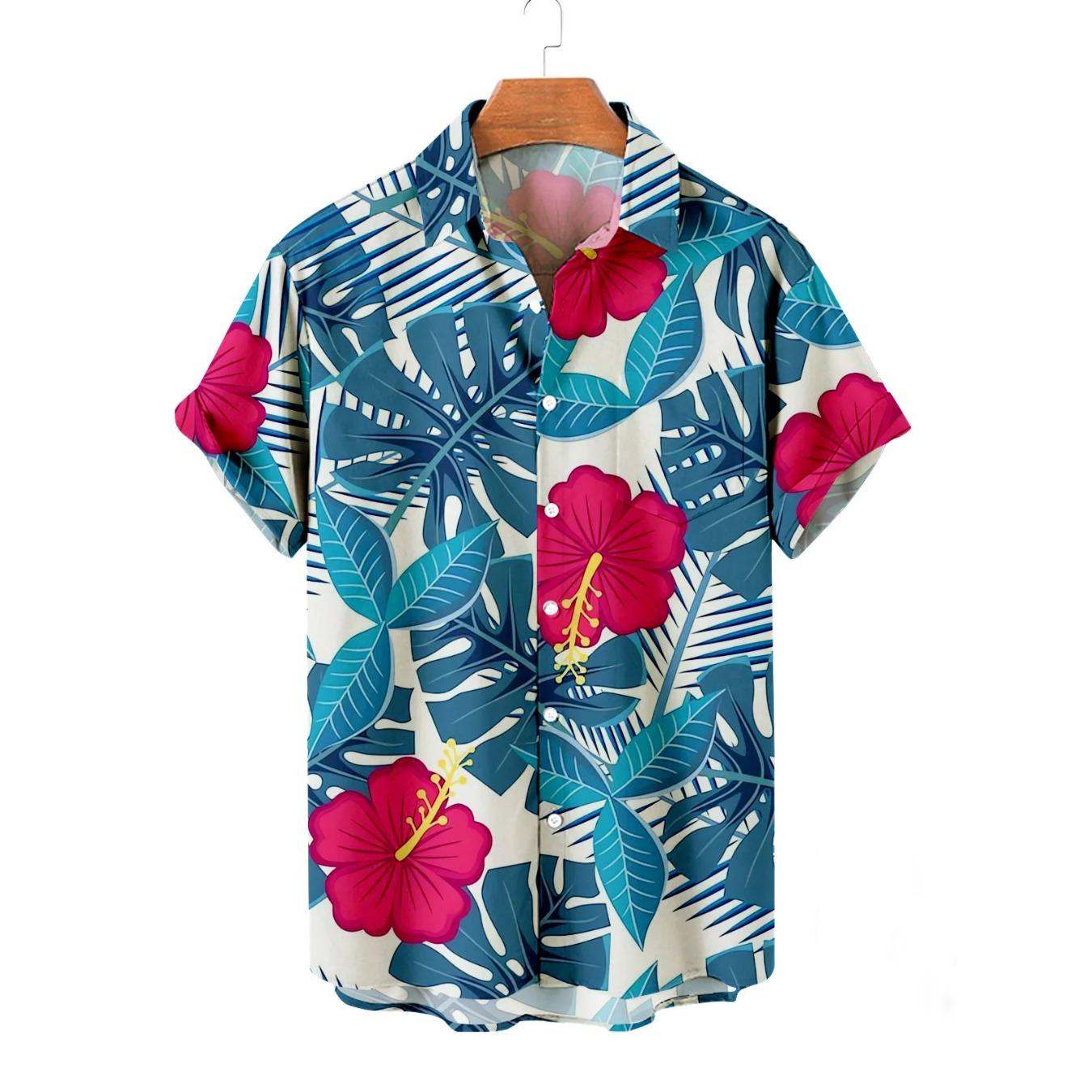 2026 Summer Men s Flower Hawaiian Shirts Casual Vacation Short Sleeve Shirts Collar Button Up Shirts XS