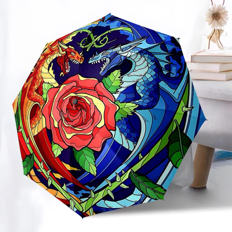 

1pc Dragon Rose Auto-Open Close Umbrella - Portable Tri-Fold Design with 8-Bone Iron Frame, Outdoor, Perfect Gift for Fans, Travelers, Daily Use, Fest