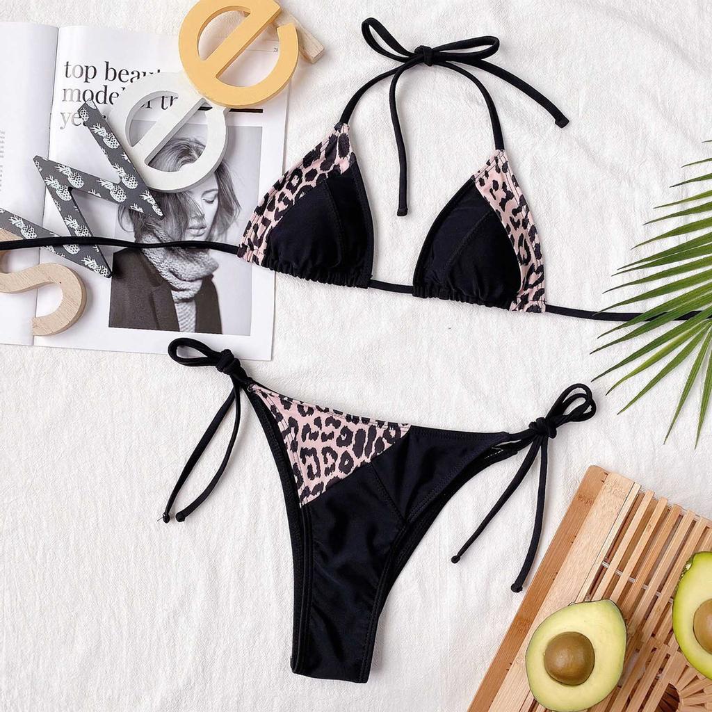 Dámské leopardí patchworkové bikiny Push-Up vycpané plavky plavky plážové oblečení set