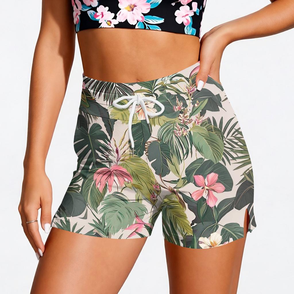 Womens Drawstring Waist Tropical Print Shorts with Elastic Lightweight Casual Loose Fit Summer Beachwear for Daily Use