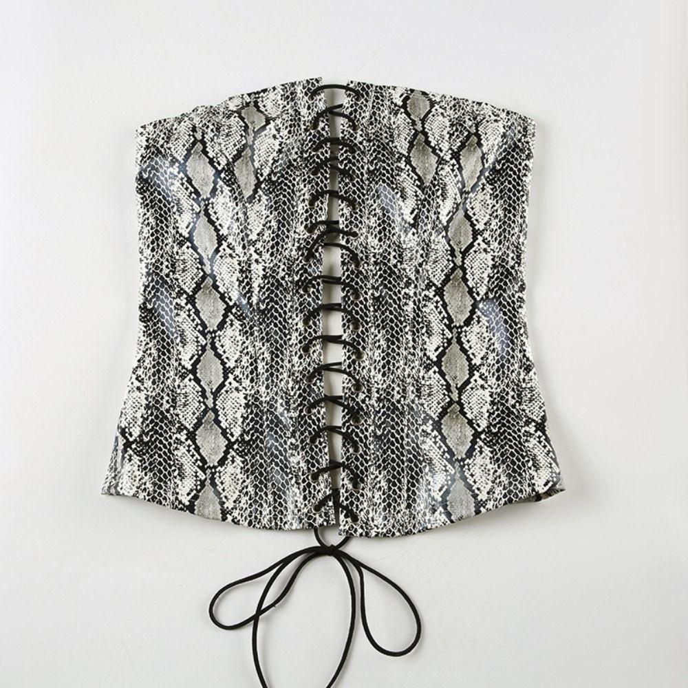 

Lacing Sleeveless Crop Top Snakeskin Pattern Tight Vest Unique Strap Tube Top Party S чорний
