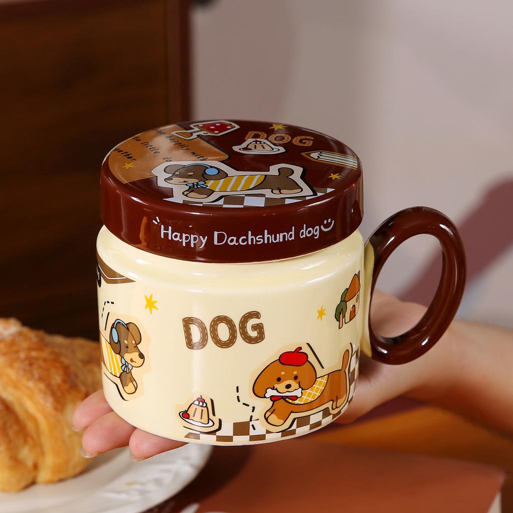 Dackel Keramik Wasserbecher Süße Tasse mit Deckel und Löffel Kreativer Jungenstil Kinder Frühstückstasse Große Kapazität