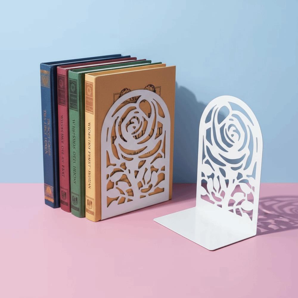 2Pcs Metal Rose Bookends Hollow Design Book Stoppers Durable Bookshelf Organizer Bookshelf