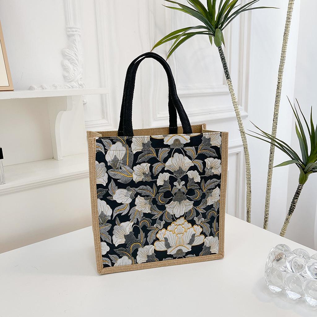Floral Print Handbag Structured Linen Leather Tote Bag Large Capacity Tote Comfortable Urban Tote For Short Trips Work Daily