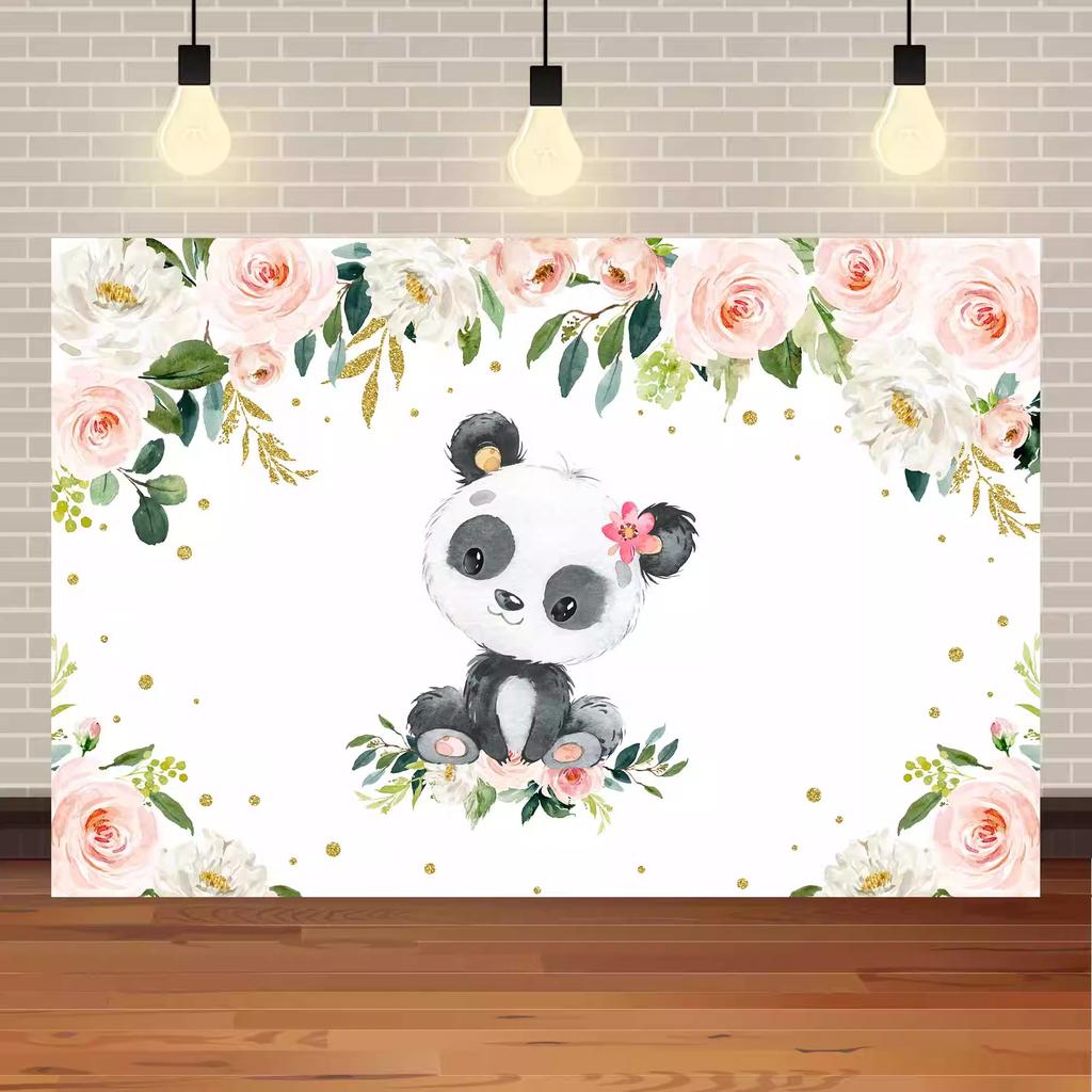 Cute Panda Theme Birthday Party Decoration Background Small Animals Flower Background Cloth Children's Photography Scene4