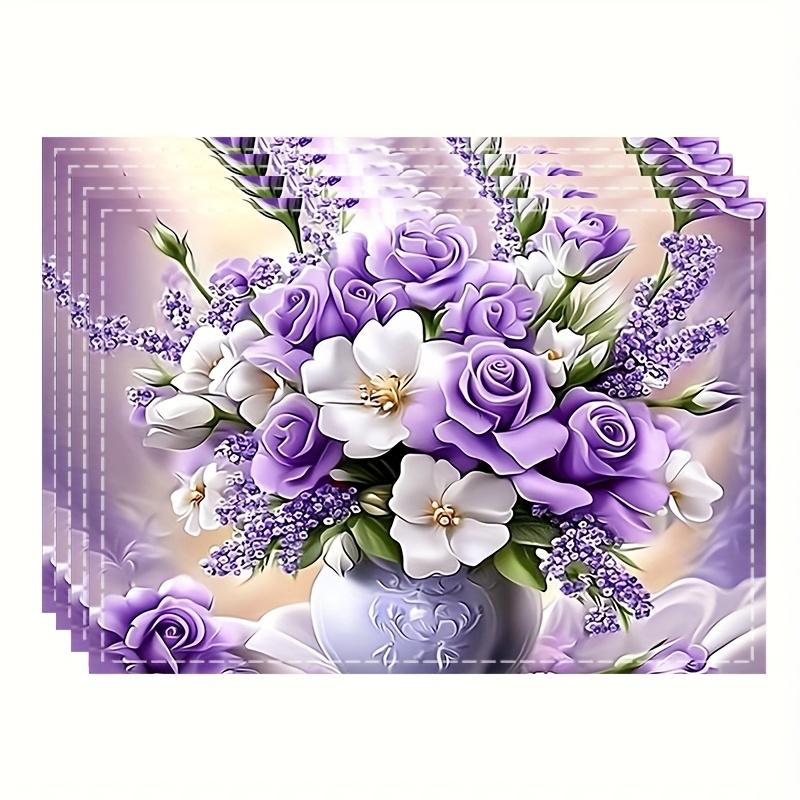 

Purple Roses And Lavender Flowers Placemat Linen Non Slip Table Mat For Home Kitchen Dining Decor Wedding Gift 4Pcs-30X45cm(12X18in