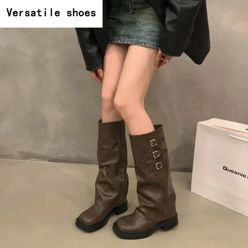 Vintercowboystövlar för kvinnor Mode Bältesspänne Långa Stövlar Kvinnliga Eleganta Fyrkantig Klack Damridstövletter