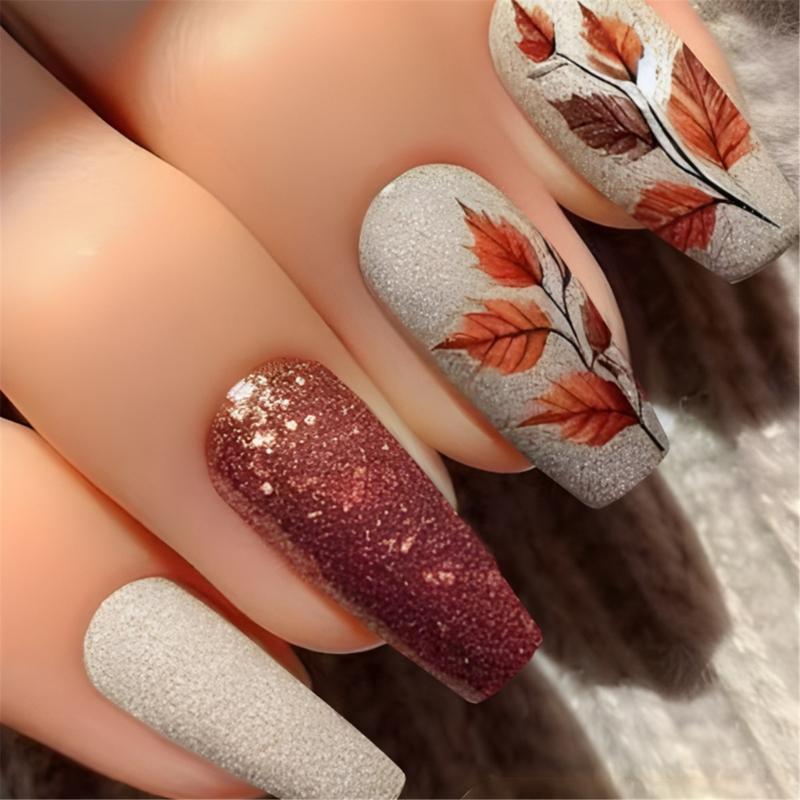 

День Благодарения Кленовый лист Накладные ногти False Nail Полное покрытие 24 шт. Приклеивающиеся ногти для осенней моды Акриловый набор ногтей 1