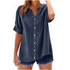 Vacation Style Fashion Simple and Loose Single Breasted Short Sleeved Top Cotton and Linen Women's Blouses & Shirts