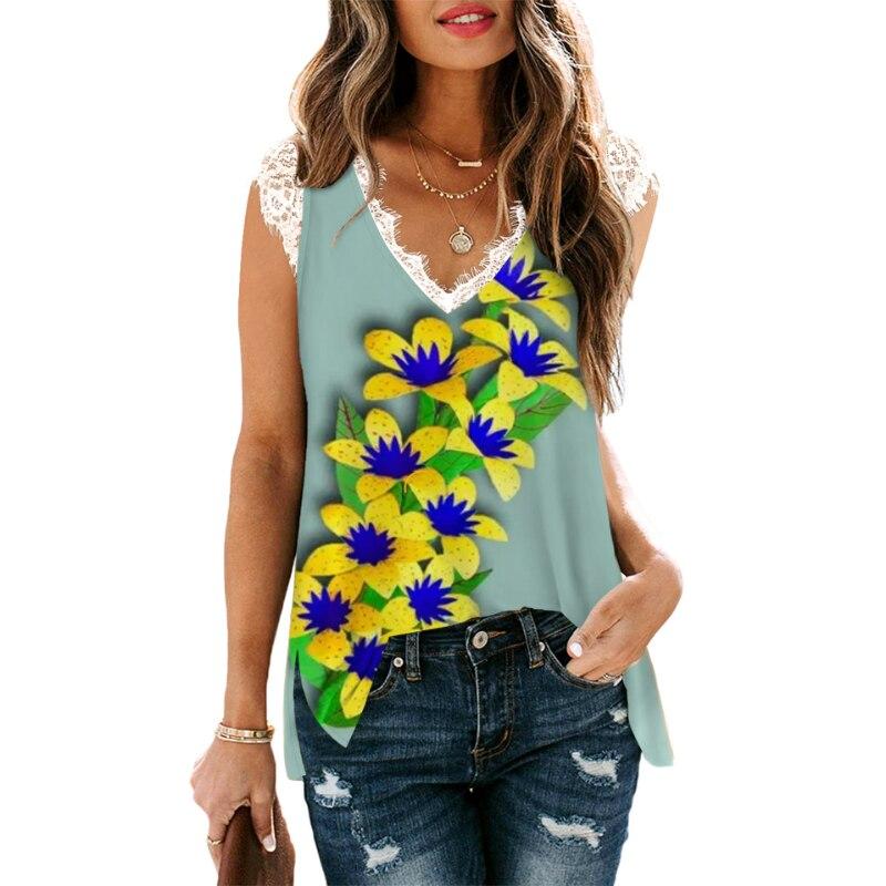 Canotta Larga Estiva 2023 Donna Stampa Scollo a V Senza Maniche Pizzo Camicia Donna Elegante Bluse Per Donna Abbigliamento Femminile 25708